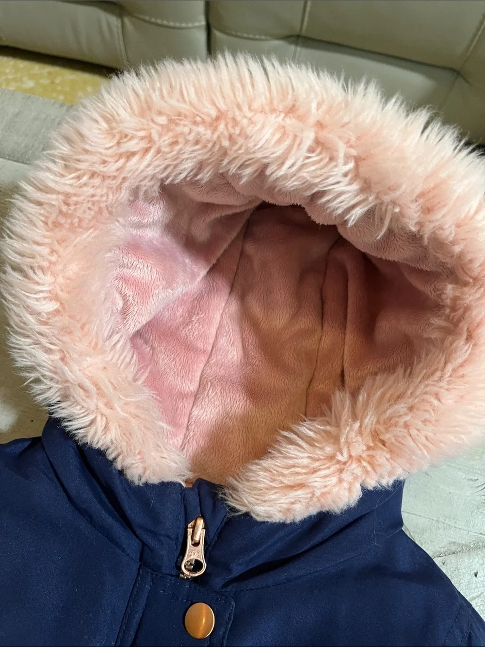 OshKosh B'gosh Navy Puffer Coat with Pink Faux-Fur Hood 4T Snap Pockets/Flap
